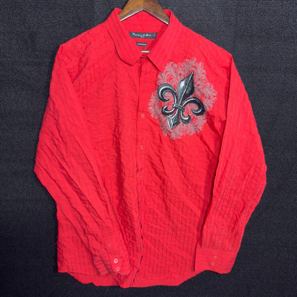 Premium Culture Italy Men's Red‎ Modern Fit Button Down Shirt 2XL Fleur-de-lis